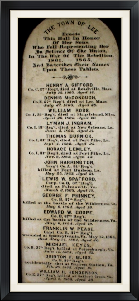 Civil War Honor Roll-Marble Tablets located in the Lee Town Hall.